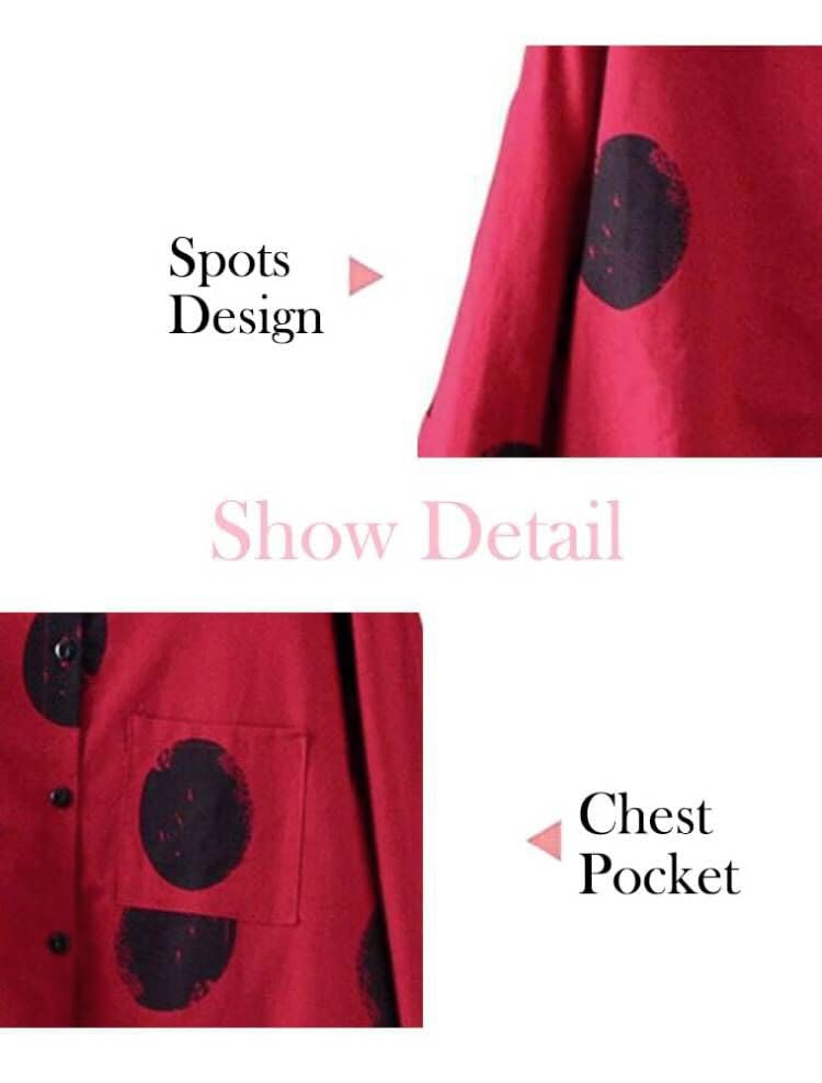 Minibee بلوزة ميني بي النسائية بأزرار قميص تونك مزخرف بنقاط حمراء XL - Image 3